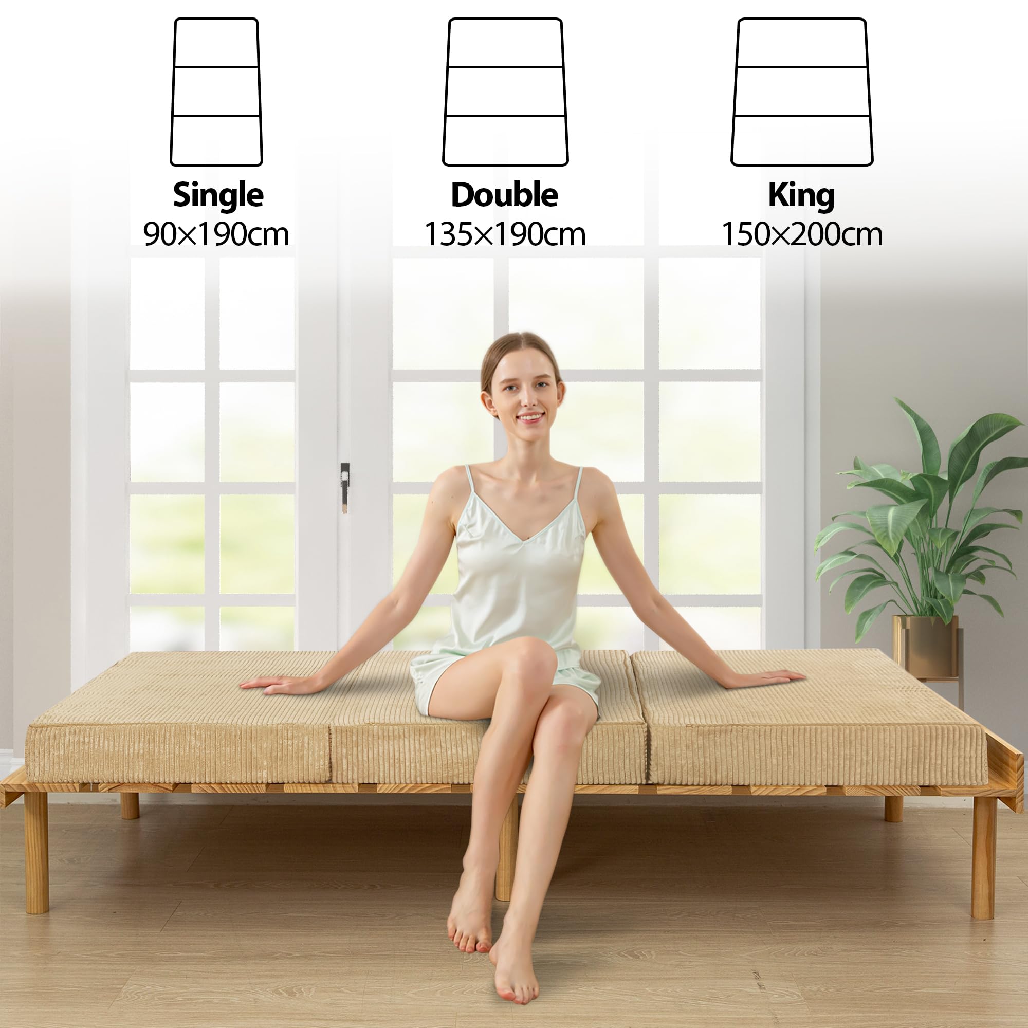 MAXYOYO Folding Corduroy Mattress, Tri Fold Floor Mattress 10cm thick with Washable Cover,Foldable in Three,Space-Saving for Guest (Camel, Double)