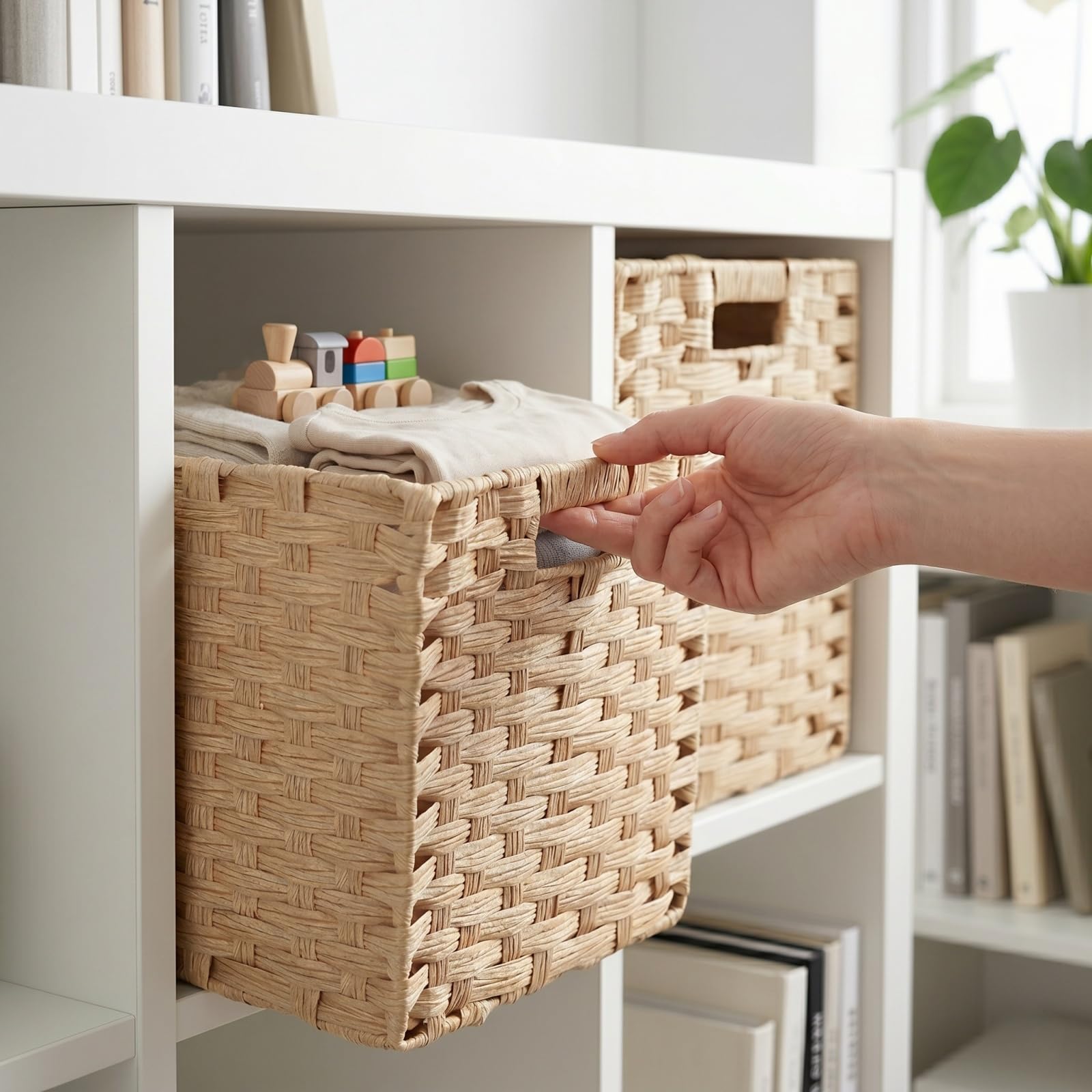 SOCOHOME Cube Storage Box,25x25x25cm Faux Rattan Storage Basket for Toy Clothes Shelf Nursery Closet Waterproof, Non-Mouldy(Light Beige, 2 Pack)