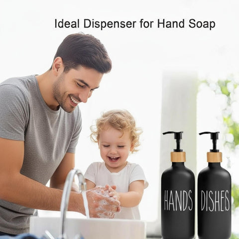 Perclyzm kitchen Soap Dispenser Set, washing up liquid dispenser,Glass Bottle Jar with Bamboo Tray,suitable for Bathroom, Kitchen, Laundry Room