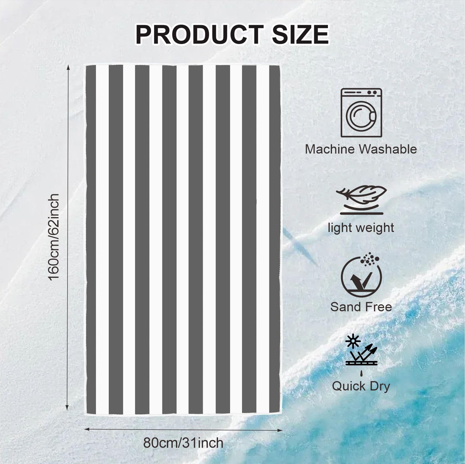 Large Quick Dry Microfibre Beach Towel 160x90cm, Double Sided Black & White Striped Lightweight Travel Towel with Carry Bag