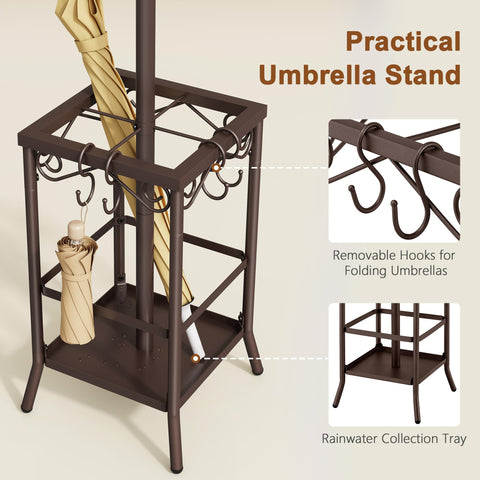 Hoctieon Coat Rack Freestanding, Coat Tree with Umbrella Holder, Metal Coat Rack Stand with 12 Hooks, Standing Coat Hanger Stand