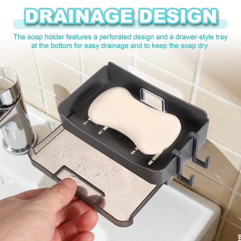 sourcing map 2 Pcs Self-Adhesive Shower Soap Holder, No Drilling Wall Mounted Soap Dish with 2 Bottom Tray and 4 Hooks for Bathroom Kitchen Sink