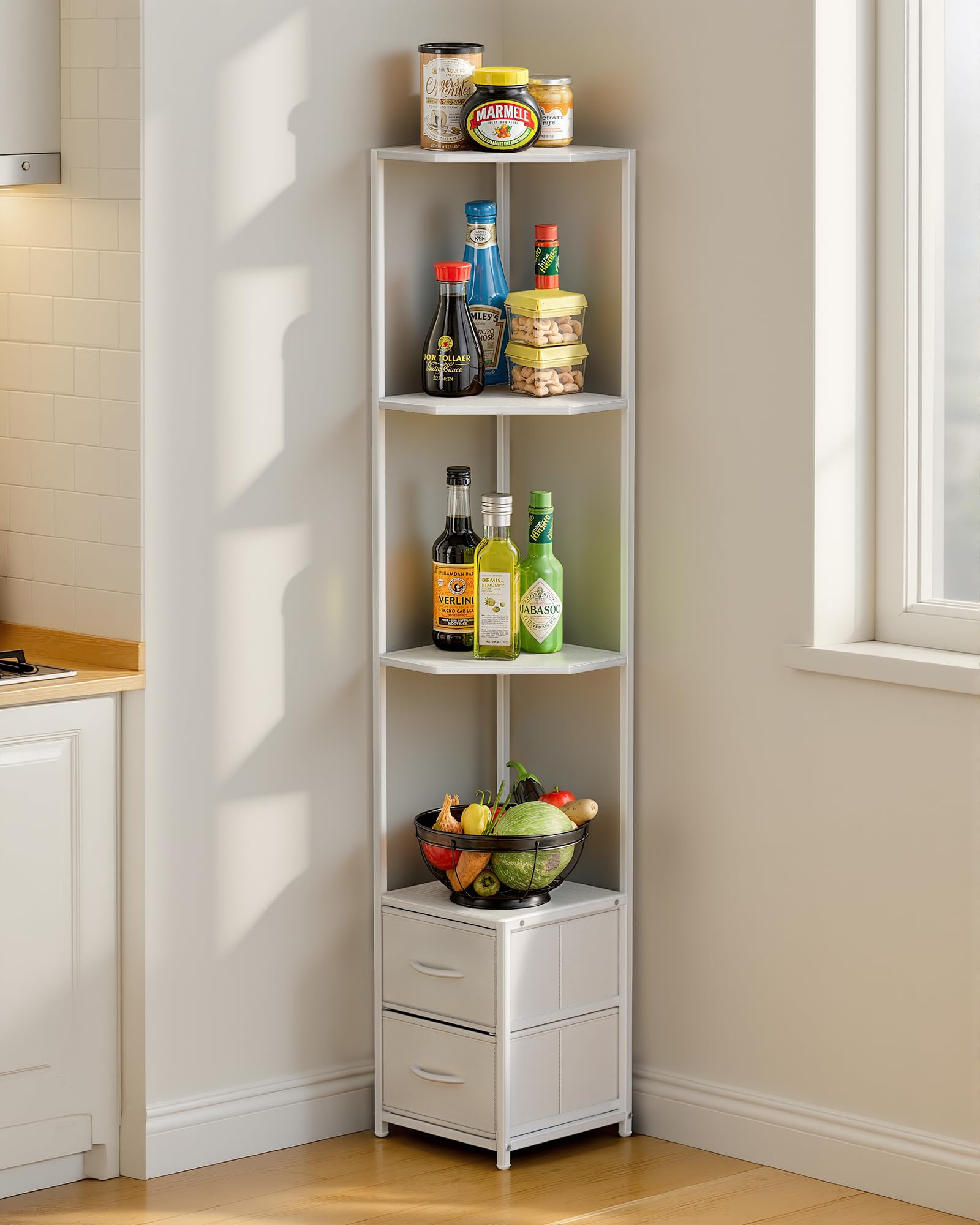 Housolution 6 Tier Corner Shelf Stand with Storage and Fabric Drawers,White