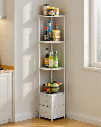 Housolution 6 Tier Corner Shelf Stand with Storage and Fabric Drawers,White