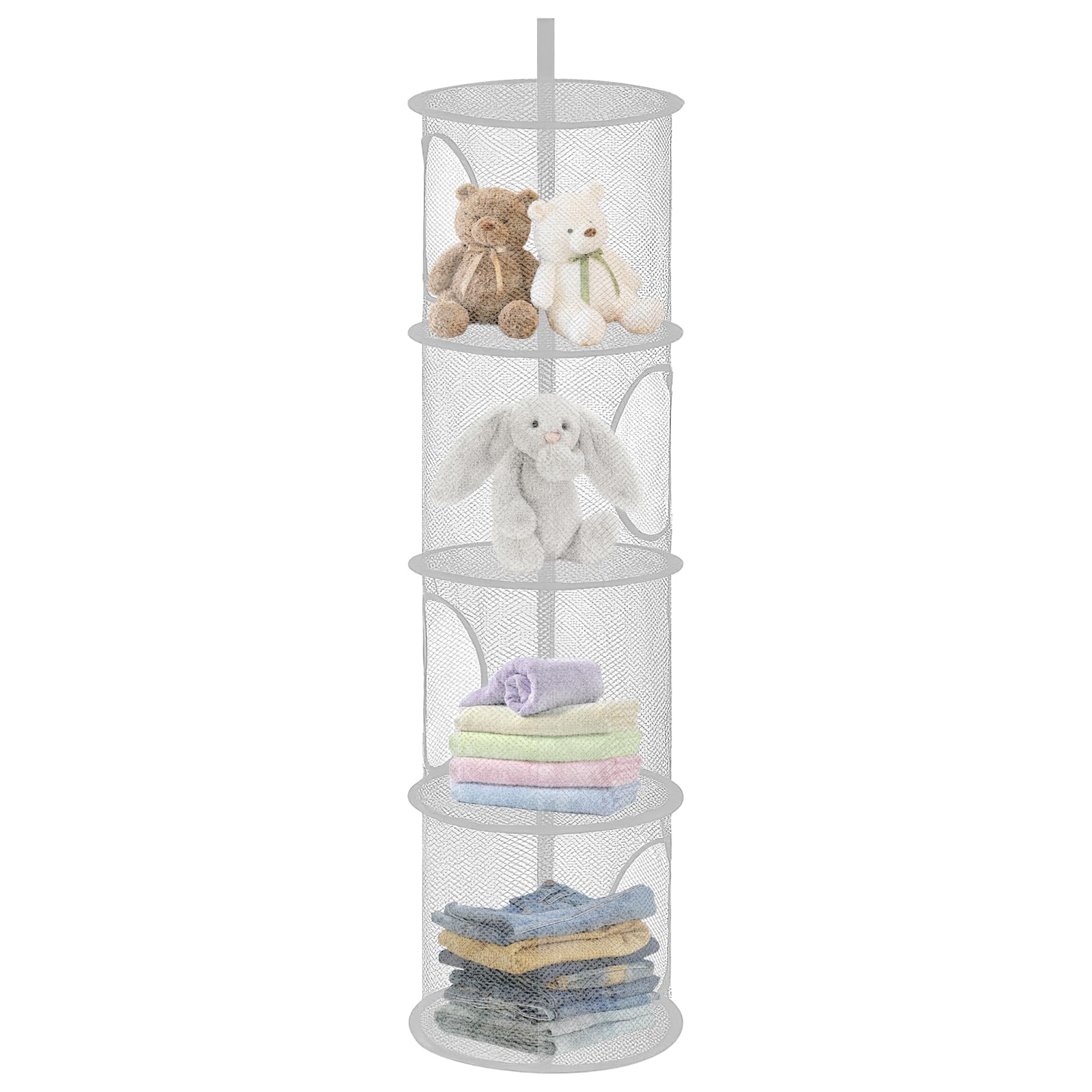 APOMOONS Hanging Mesh Storage Basket, Foldable 4 Tier Hanging Teddy Storage Net, Compartments Soft Toy