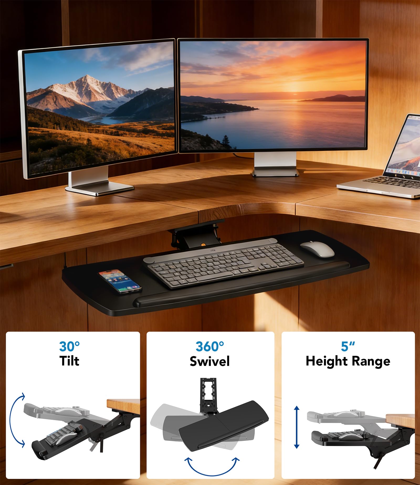 AX WABER Keyboard Tray Under Desk with Storage Drawer, Height Adjustable Keyboard Tray Slide Out 360° Swivel Tilt