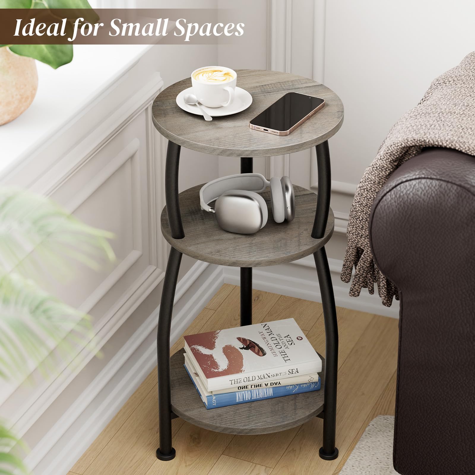 Yuede Round Side Table, 3 Tier Slim Round Coffee Table, Small End Table with Storage Shelf, Bedside Table, for Living Room, Bedroom, Small Space