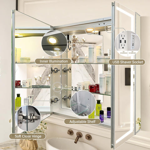 Janboe LED Mirror Cabinet,Bathroom Mirror Cabinet with Lights,76cm×81cm,Equip with Internal Light,Aluminum Construction,USB Shaver Socket,3
