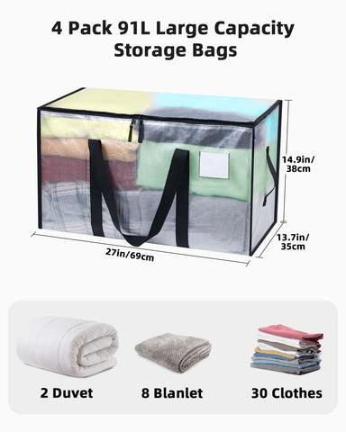 JOJOSEE Clear Clothes Storage Bags, 91L Large Moving Bag (Clear, 4 Pack)