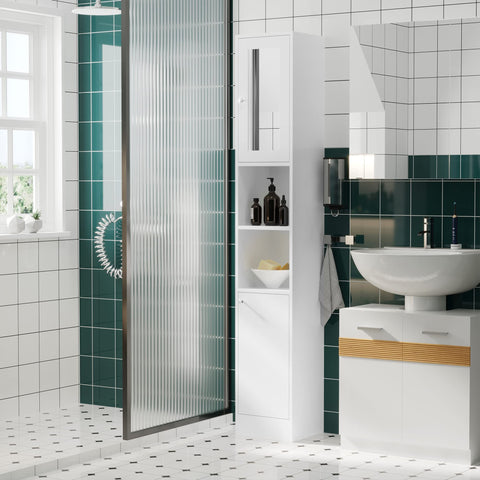 kleankin Tall Bathroom Storage Cabinet Mirrored Tallboy Cabinet White