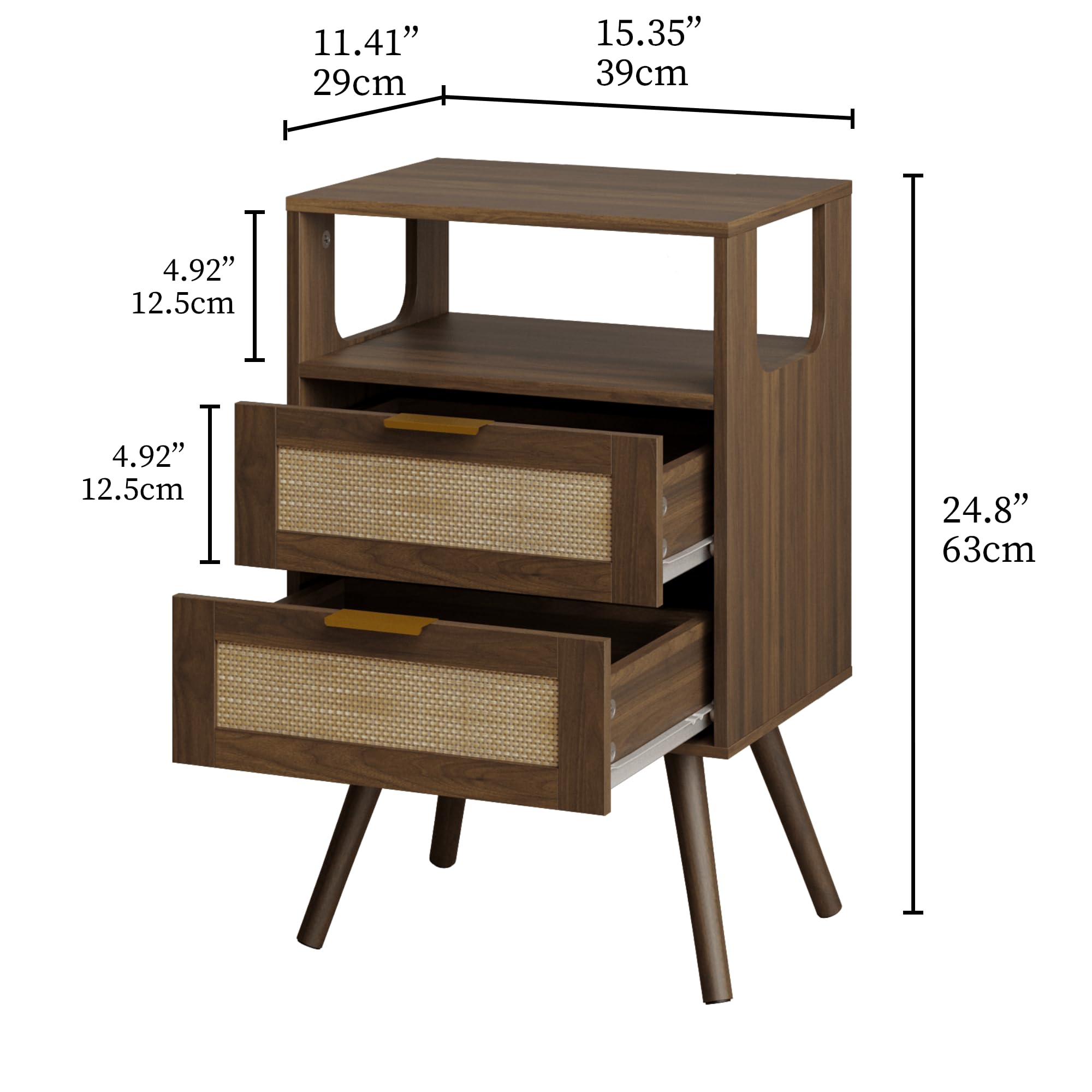 JERX Rattan Bedside Table, Farmhouse Nightstand with 2 Storage Drawer and Open Wood Shelf, for Bedroom and Small Spaces