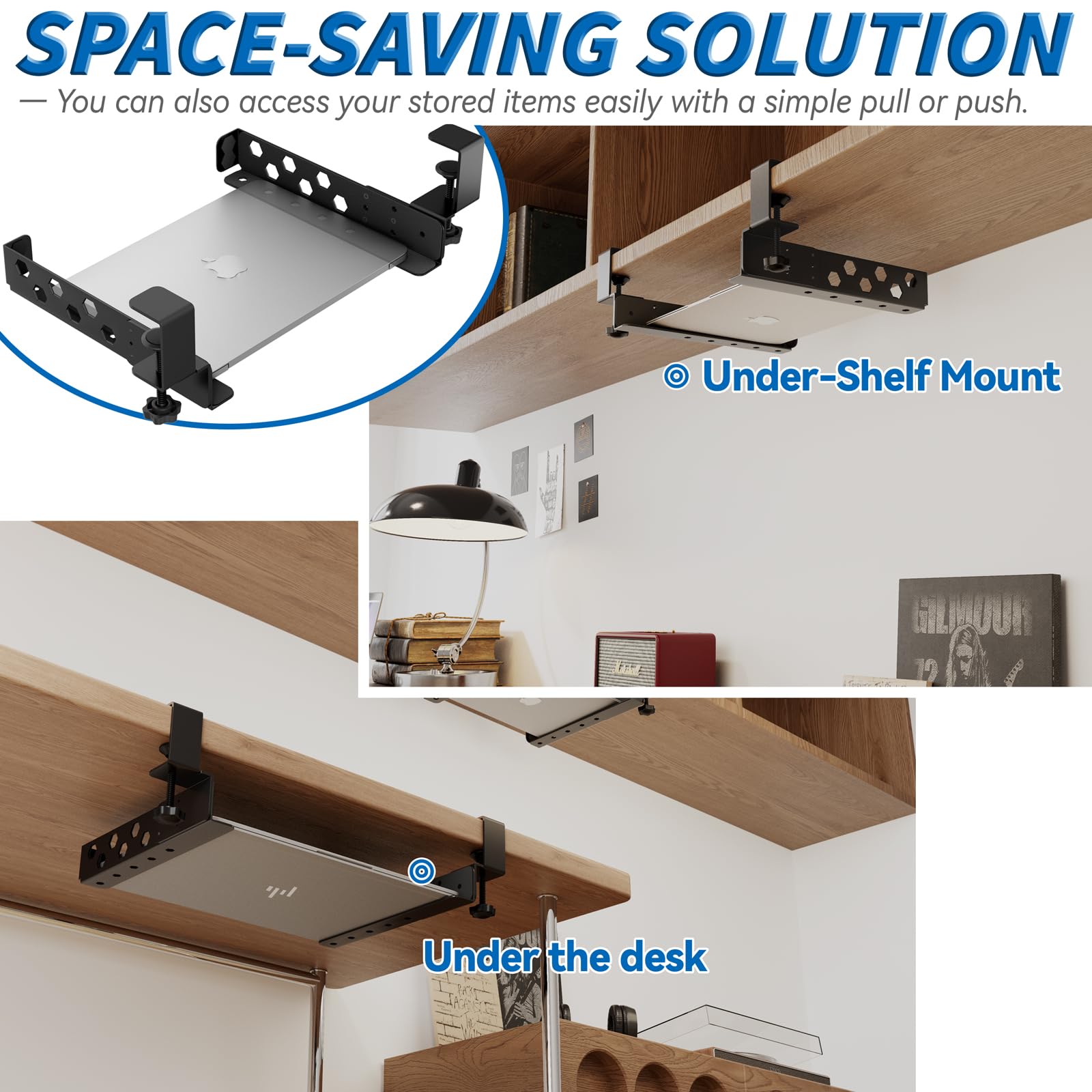 otuiaim Adjustable Under Desk Holder with Clamp for Desk - Steel Shelf