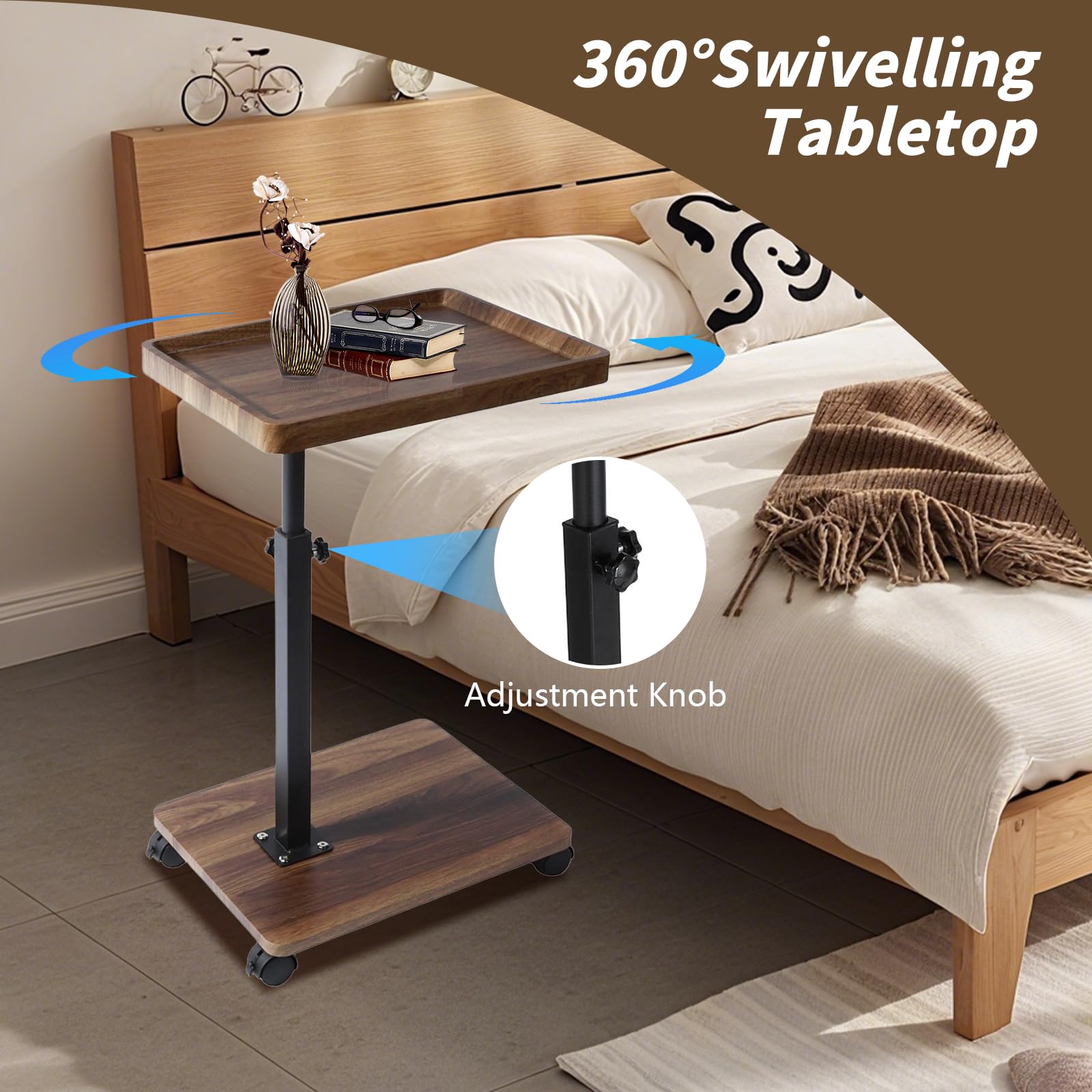 XUDREZ Adjustable Side Table, C Shaped Small Table with 4 Wheels 364° Swivel Tray, End Table for Living Room Bedroom Sofa Small Spaces (Walnut color)