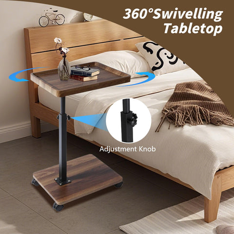 XUDREZ Adjustable Side Table, C Shaped Small Table with 4 Wheels 364° Swivel Tray, End Table for Living Room Bedroom Sofa Small Spaces (Walnut color)