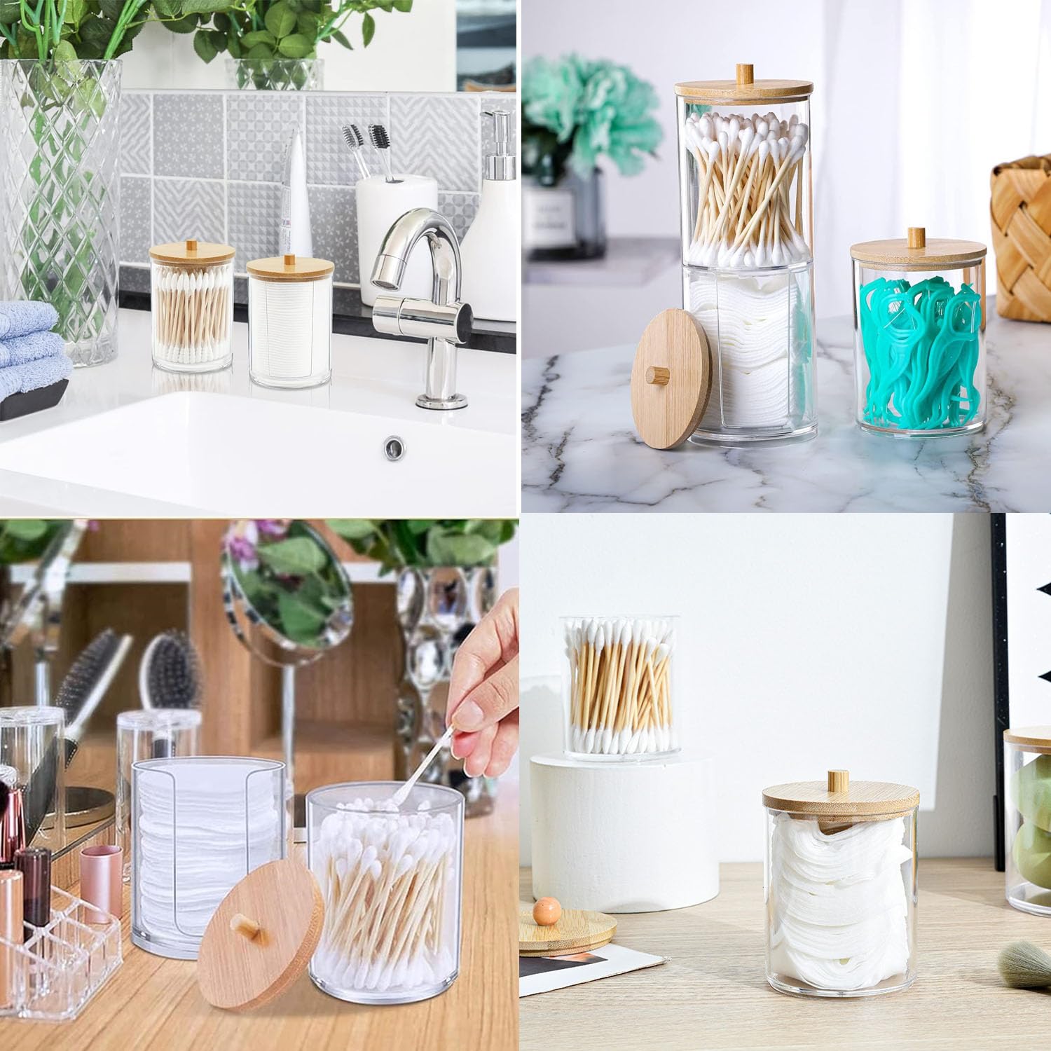 LZZEM 2PCS Cotton Pad Holder with Bamboo Lid, Cotton Bud Holder and Bathroom Organiser, Makeup Storage Containers for Cotton Pads, Cotton Buds