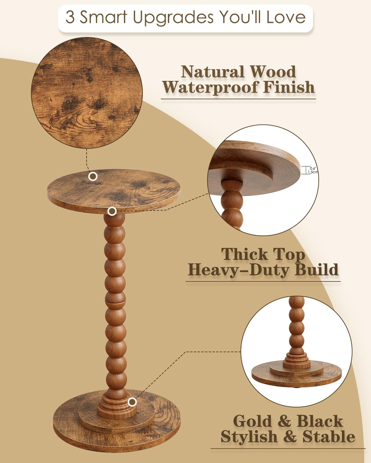 Apetaccat Round Side Table, Drink End Table with Solid Wood Leg, Small Side Tables for Living Room, Bedroom, Study, Walnut