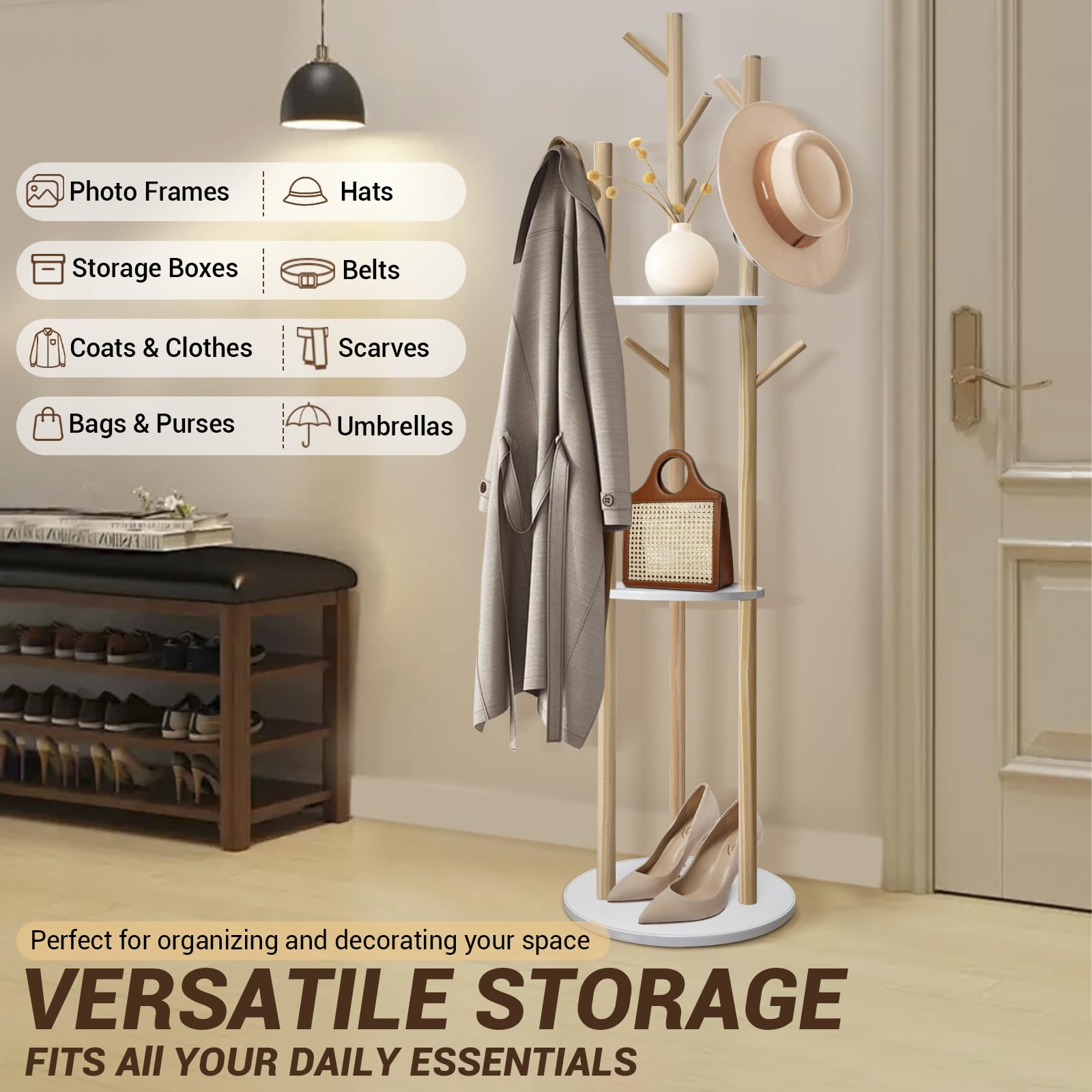 SUNDOY 165CM Wooden Coat Rack Freestanding with 3 Shelves & 9 Hooks, Hall Tree Stand for Entryway, Bedroom, Hallway & Living Room
