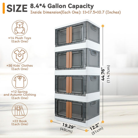 AssHMKIT Storage Cabinet with Lids, 8.4 Gallon (32L) Each One, 4 Pack, Stackable, Useful Box With Double Door, Bottom Wheels, Foldable, Dustproof
