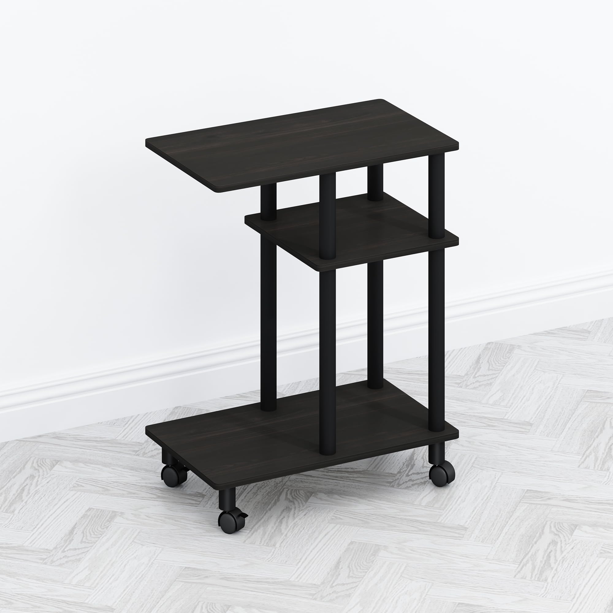 Furinno TOMI Side Table, 3-Tier C-Shape Open Shelf End Table with Wheels, Night Stand, Bedside Table, Toolless Assembly, for Living Room, Bedroom
