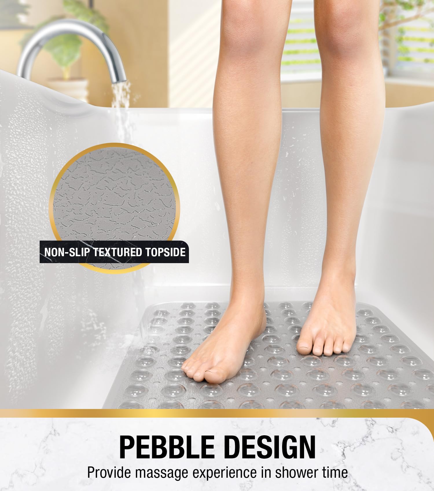 HITSLAM Non Slip Bath Mat for Tub, 101 x 40cm Extra Long Shower Mat Anti Mould, Machine Washable Bathroom Bathtub Mat with Suction Cups and Drain