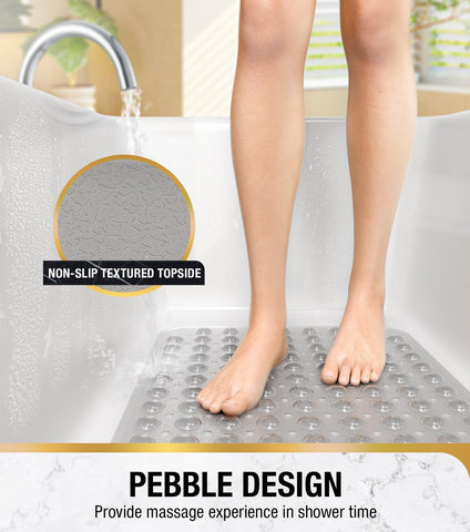 HITSLAM Non Slip Bath Mat for Tub, 101 x 40cm Extra Long Shower Mat Anti Mould, Machine Washable Bathroom Bathtub Mat with Suction Cups and Drain
