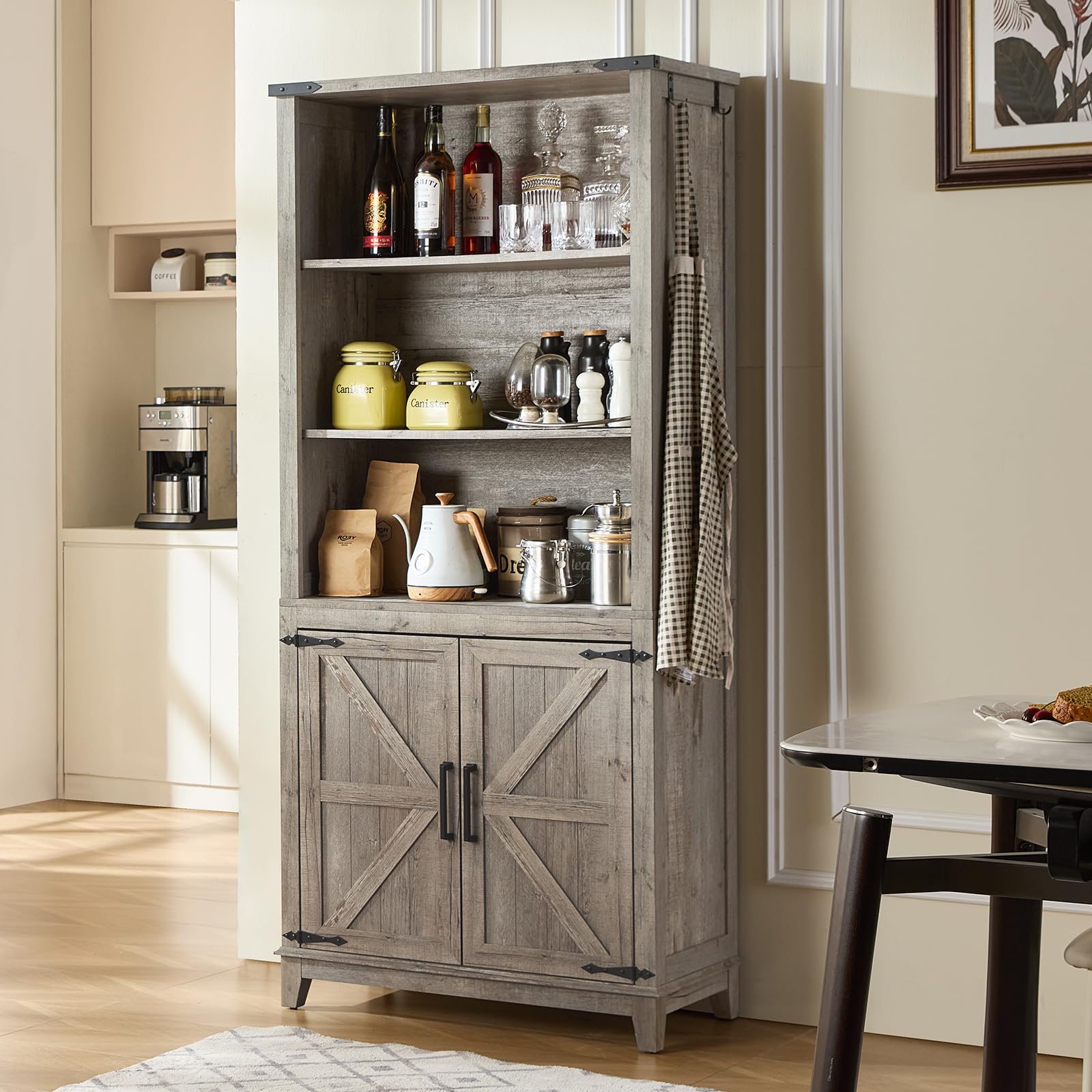 LELELINKY 70in Tall Bookshelf 5 Tier Bookcase with Barn Doors and Adjustable Shelves, Oak Farmhouse Book Shelf with Storage Cabinet