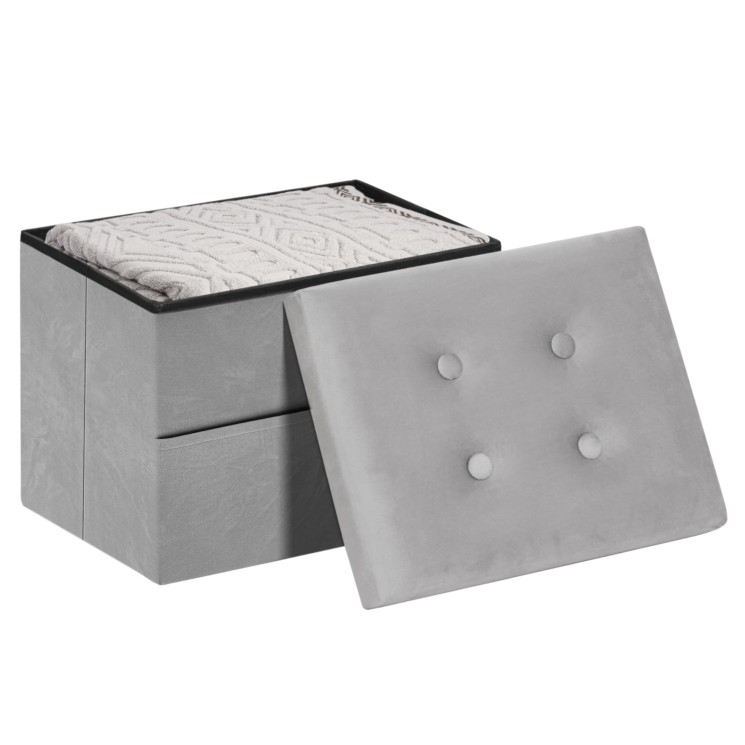 LOFTEY Small Ottoman Storage Box, Foldable Foot Stool with Lid, Grey