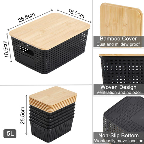 Sagittar Set of 6 Storage Boxes with Bamboo Lid, Imitation Rattan Plastic Storage Basket, Stackable Storage Bins, Ideal for Kitchen, Bathroom, Office