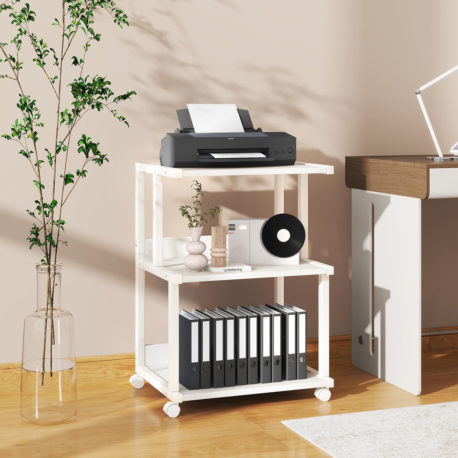 IBUYKE 3-Tier Printer Stand With Storage Shelf and Wheels - Rolling Cart for Home Office Organization, Heat Press, Microwave and Mini Fridge TPS001W