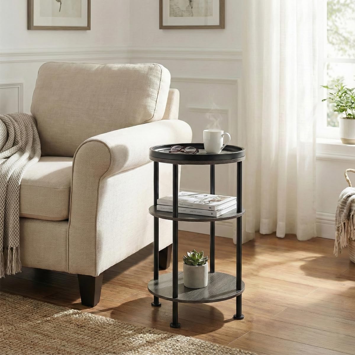 YEAKOO Nordic End Table, 3-Tier 30cm Round Side Table with Storage Shelf Edge Protection Tray