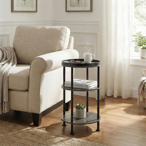 YEAKOO Nordic End Table, 3-Tier 30cm Round Side Table with Storage Shelf Edge Protection Tray