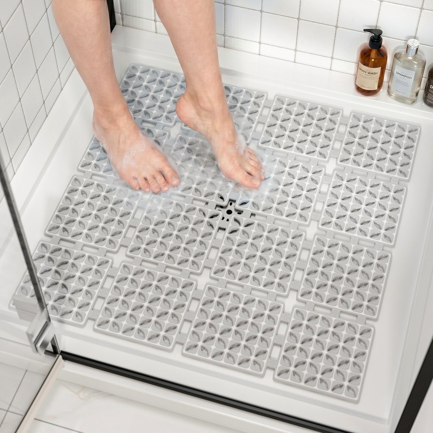 HITSLAM Square Shower Mat Non Slip Anti Mould, 60 x 60 cm Cut to Fit No Odor Soft TPE Bath Mat with Suction Cups and Drain Holes
