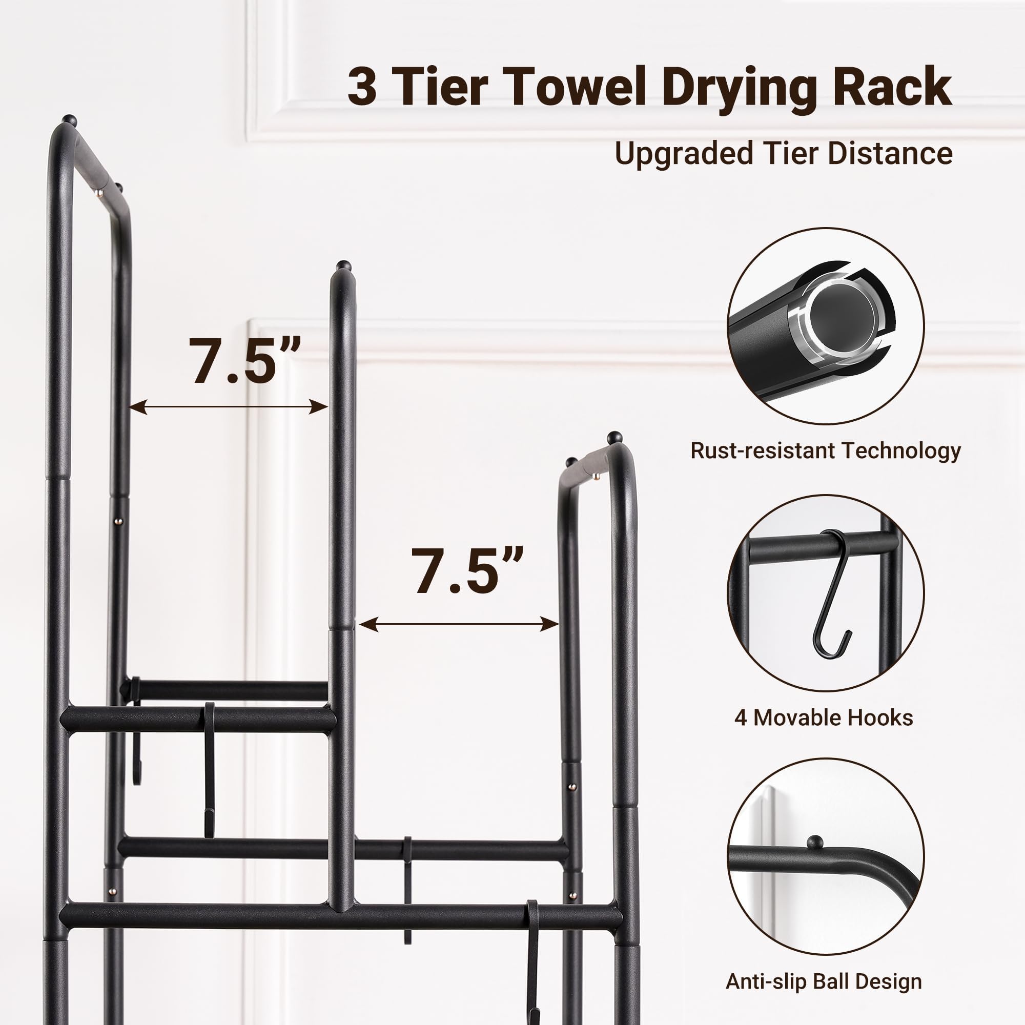 3-Tier Freestanding Towel Rack, Fixed-Height Bars Highest 101CM