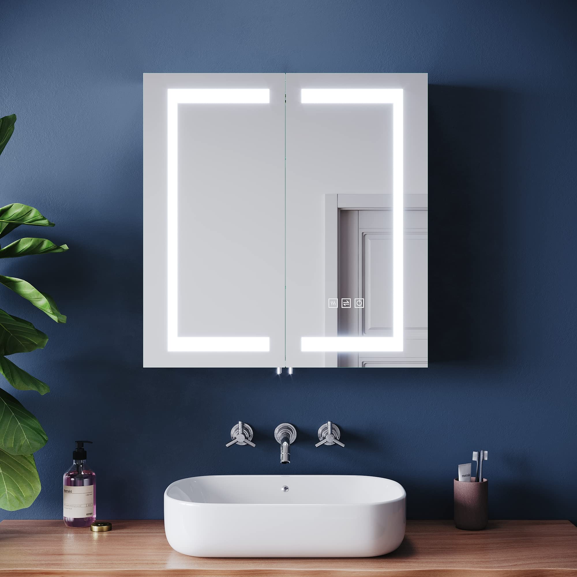 ELEGANT Bathroom Mirror Cabinets with Lights and Shaver Socket, Double Door Stainless Steel Bathroom Wall Cabinets with Three-color Infinitely
