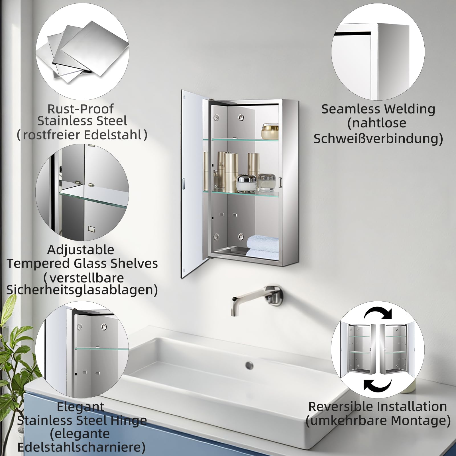 Fundin Stainless Steel Bathroom Mirror Cabinet, Single Door with Adjustable Glass Shelves, Surface Mounted, 40cm W x 60cm H, Mirrored Finish