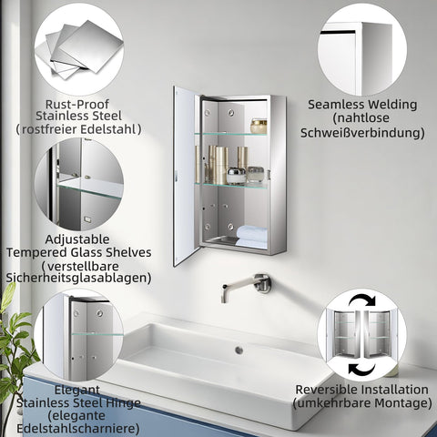 Fundin Stainless Steel Bathroom Mirror Cabinet, Single Door with Adjustable Glass Shelves, Surface Mounted, 40cm W x 60cm H, Mirrored Finish