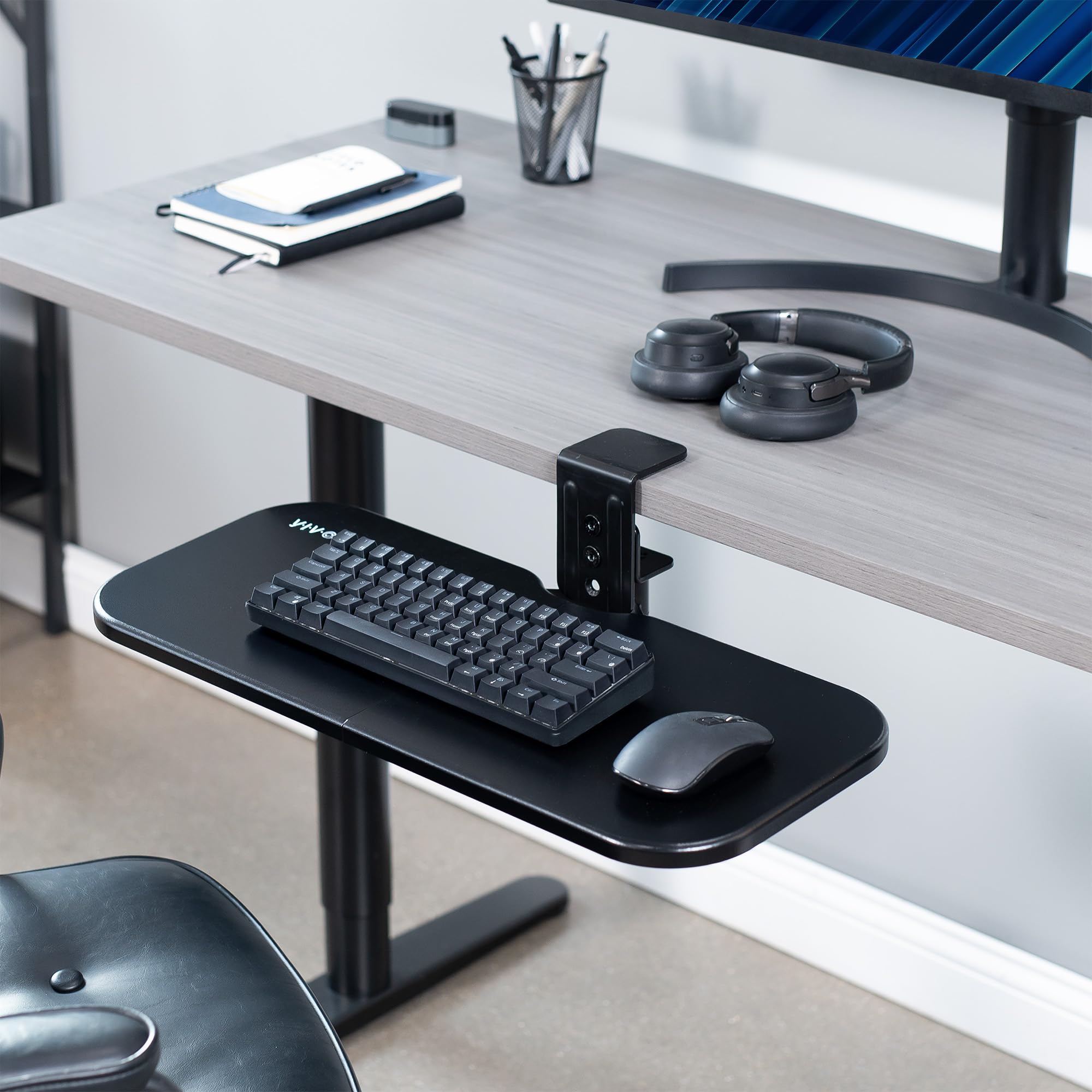 VIVO Clamp-on 23 x 10 inch Rotating Computer Keyboard and Mouse Tray, Extra Sturdy Single Desk Swivel Clamp, Ergonomic Typing, Black, MOUNT-KB04CB