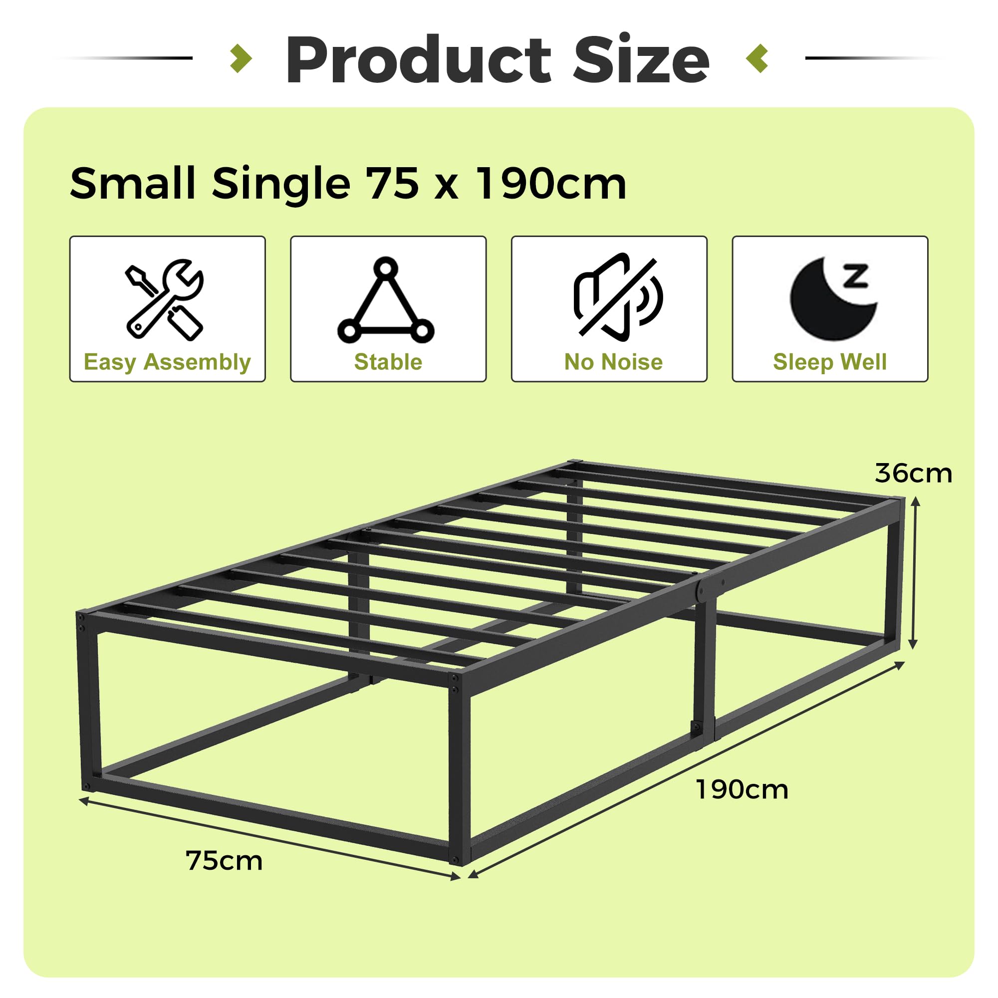 EMODA Small Single Bed Frame 36cm High with Steel Slats Support, Black