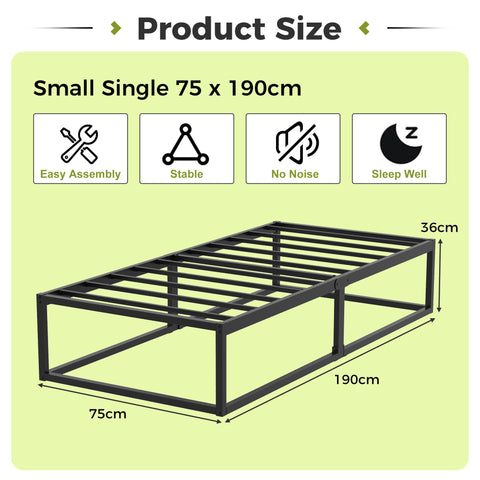EMODA Small Single Bed Frame 36cm High with Steel Slats Support, Black