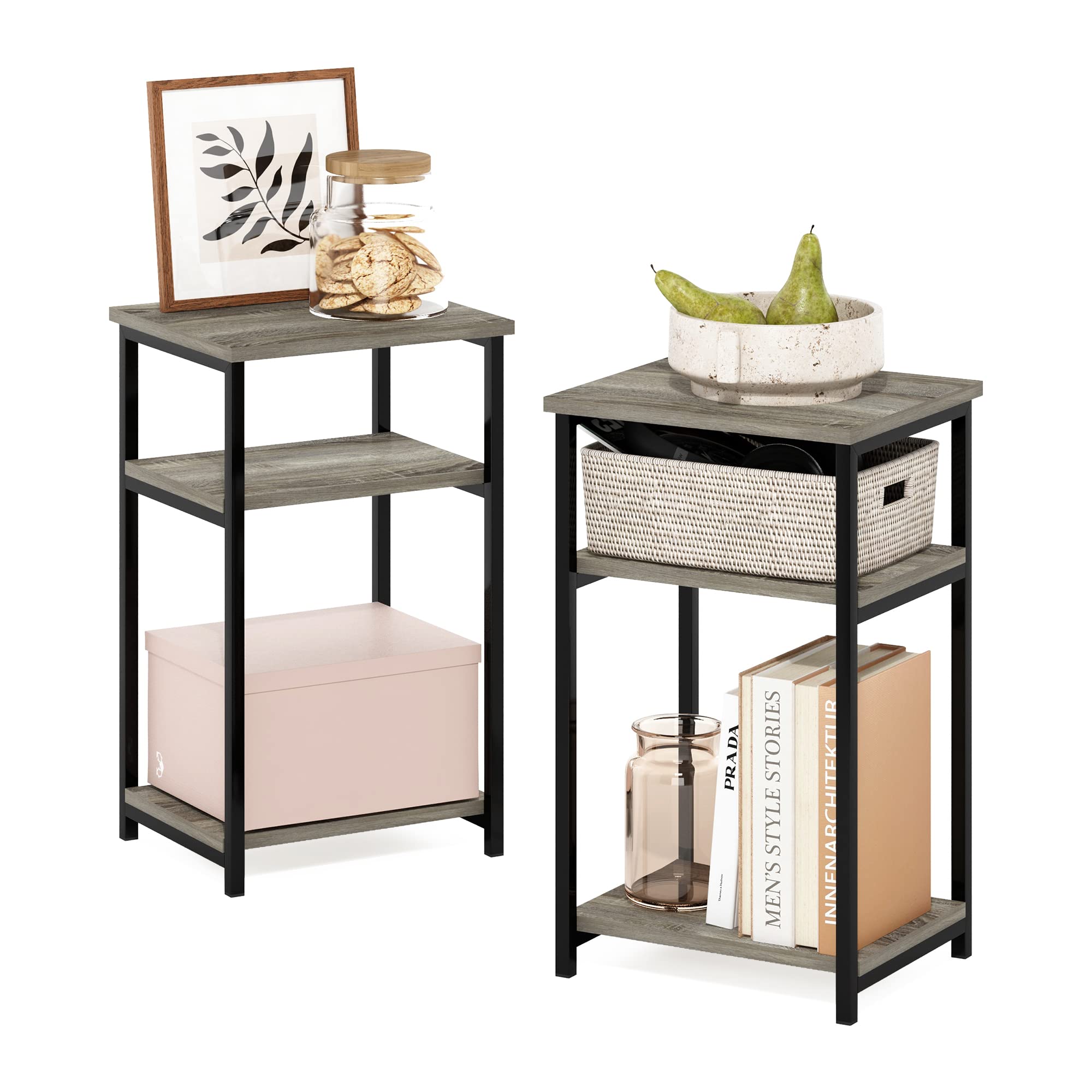 Furinno JUST Side Table Set of 2, 3-Tier Metal Frame End Table with Open Shelf, Night Stand, Bedside Table, for Living Room, Bedroom, French Oak