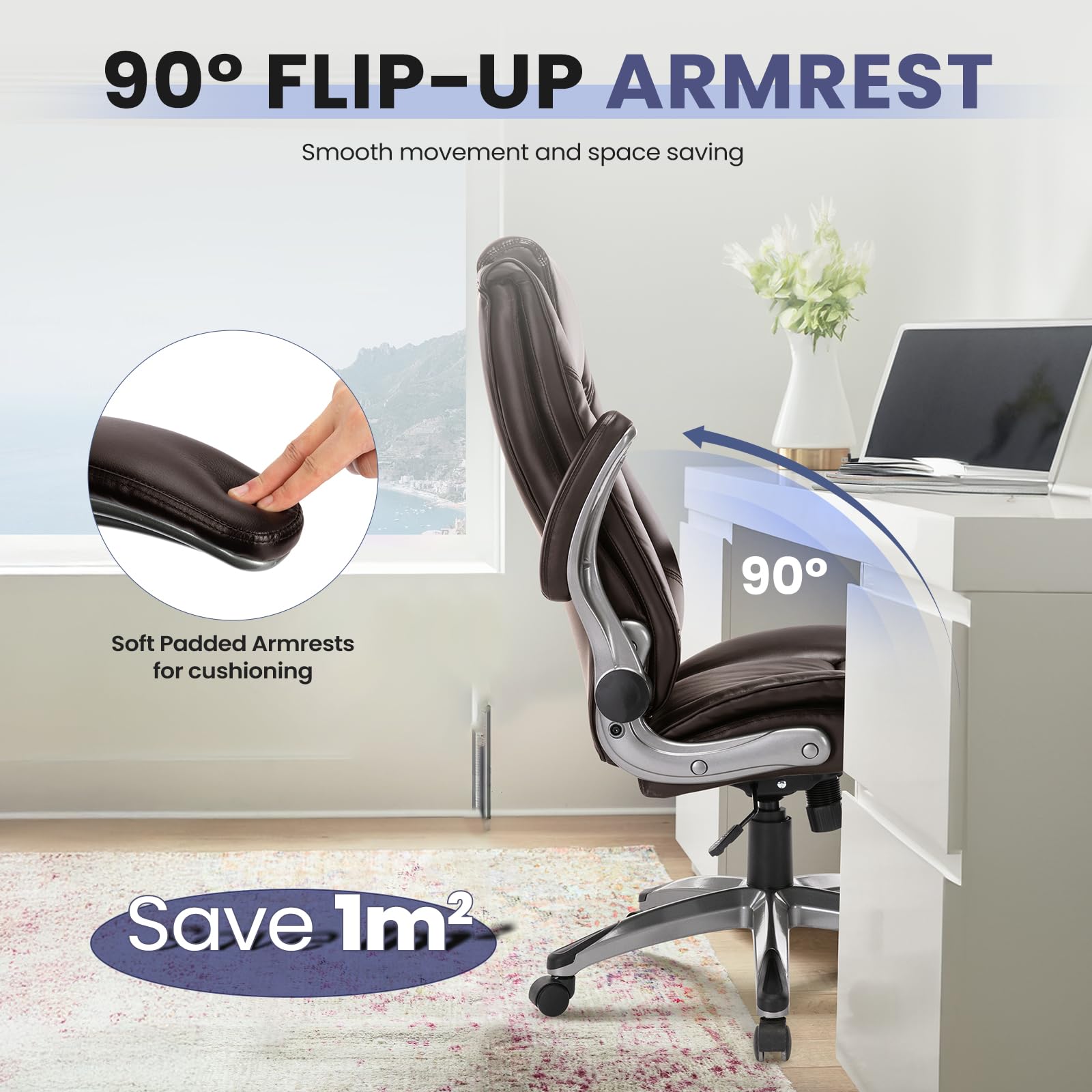 COLAMY Leather Executive Office Chair - High Back Home Computer Desk Chair with Padded Flip-up Arms, Adjustable Tilt Lock