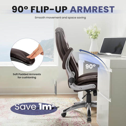 COLAMY Leather Executive Office Chair - High Back Home Computer Desk Chair with Padded Flip-up Arms, Adjustable Tilt Lock