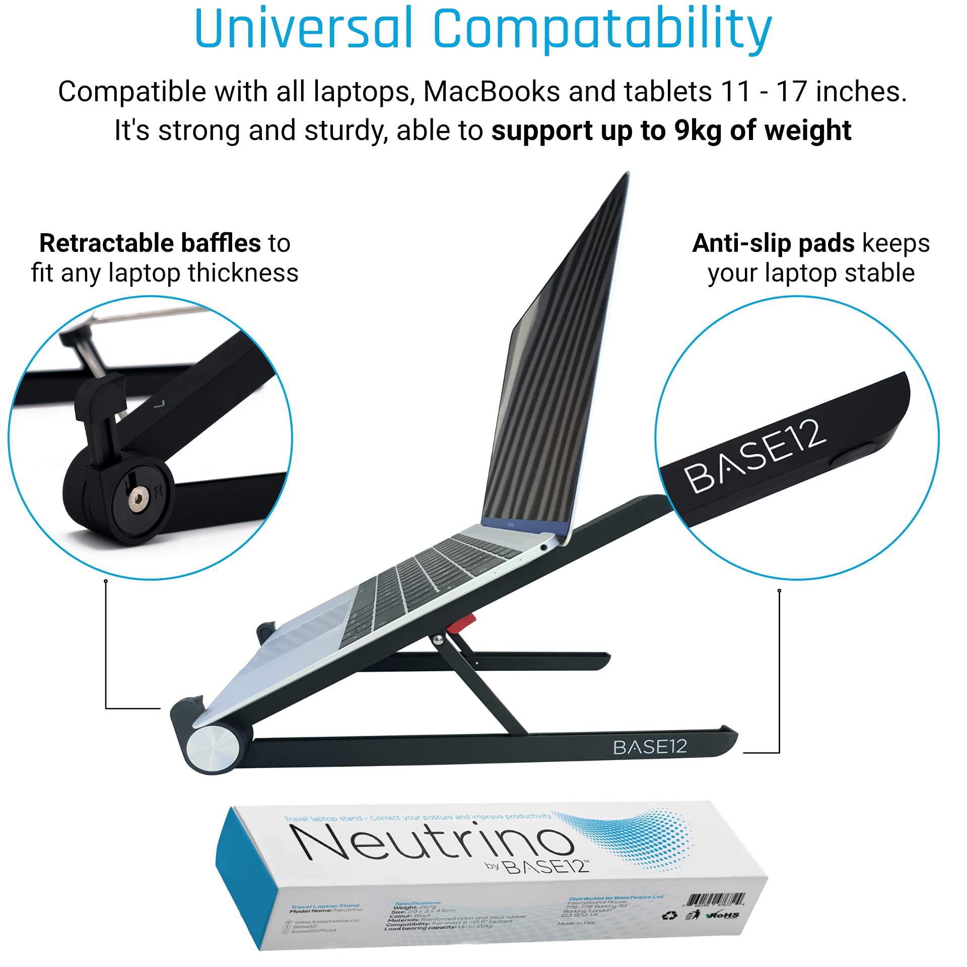 BASE12 Laptop Stand, Portable Foldable Notebook Stand for Desk, Ergonomic Angle Adjustable Laptop Riser Compatible with PC, MacBook, Tablet 11-17”