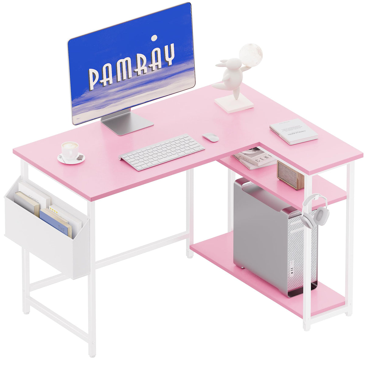 PAMRAY 100 cm L Shaped Computer Desk with Reversible Side Storage Shelves, Small Corner Desk for Small Space Home Office,Writing Study PC Table for