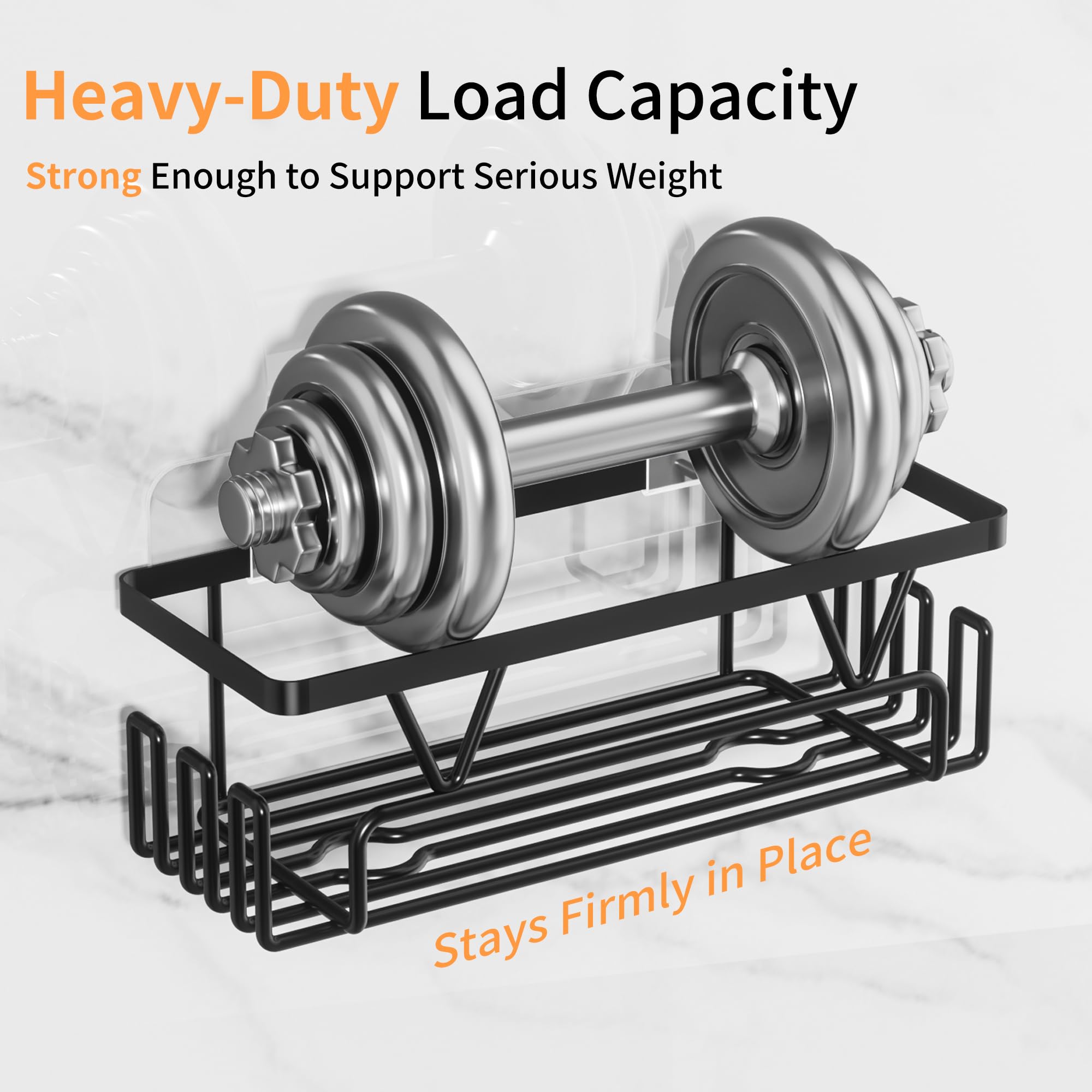KEGII Adhesive Shower Caddy - Black Stainless Steel No Drill Shower Storage Shelves with Soap Holder & Hooks