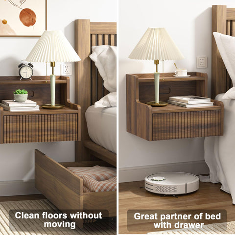 Skokliz Floating Bedside Table Set of 2, Wall Mounted Nightstand with Drawer and Open Shelf, Walnut Side Table Bedroom