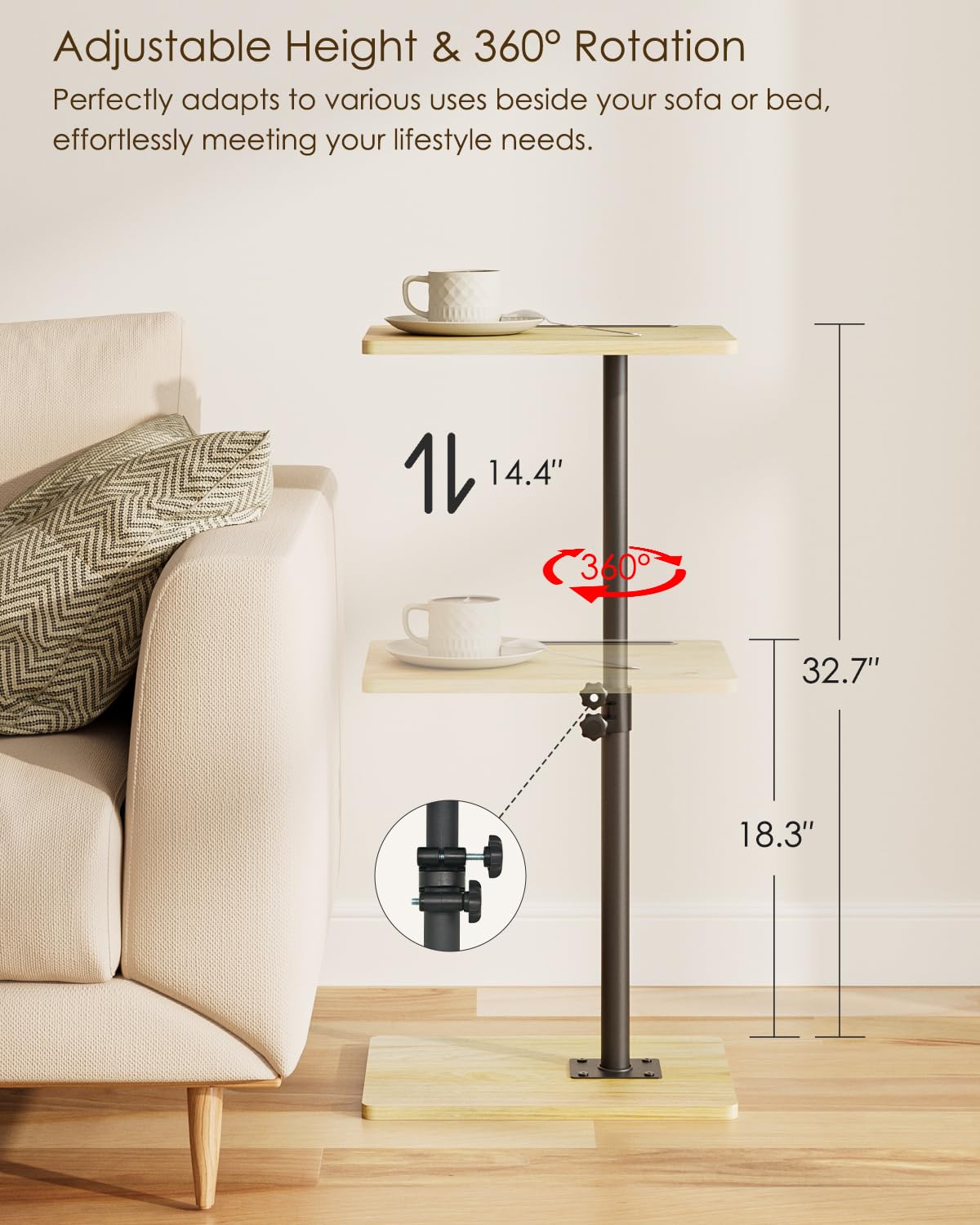 HEYZOEY C-Shaped Side Table Adjustable, 360° Swivel Sofa End Table, 40x30x45-83cm, Small Coffee Table, Bedside Table for Living Room, Bedroom