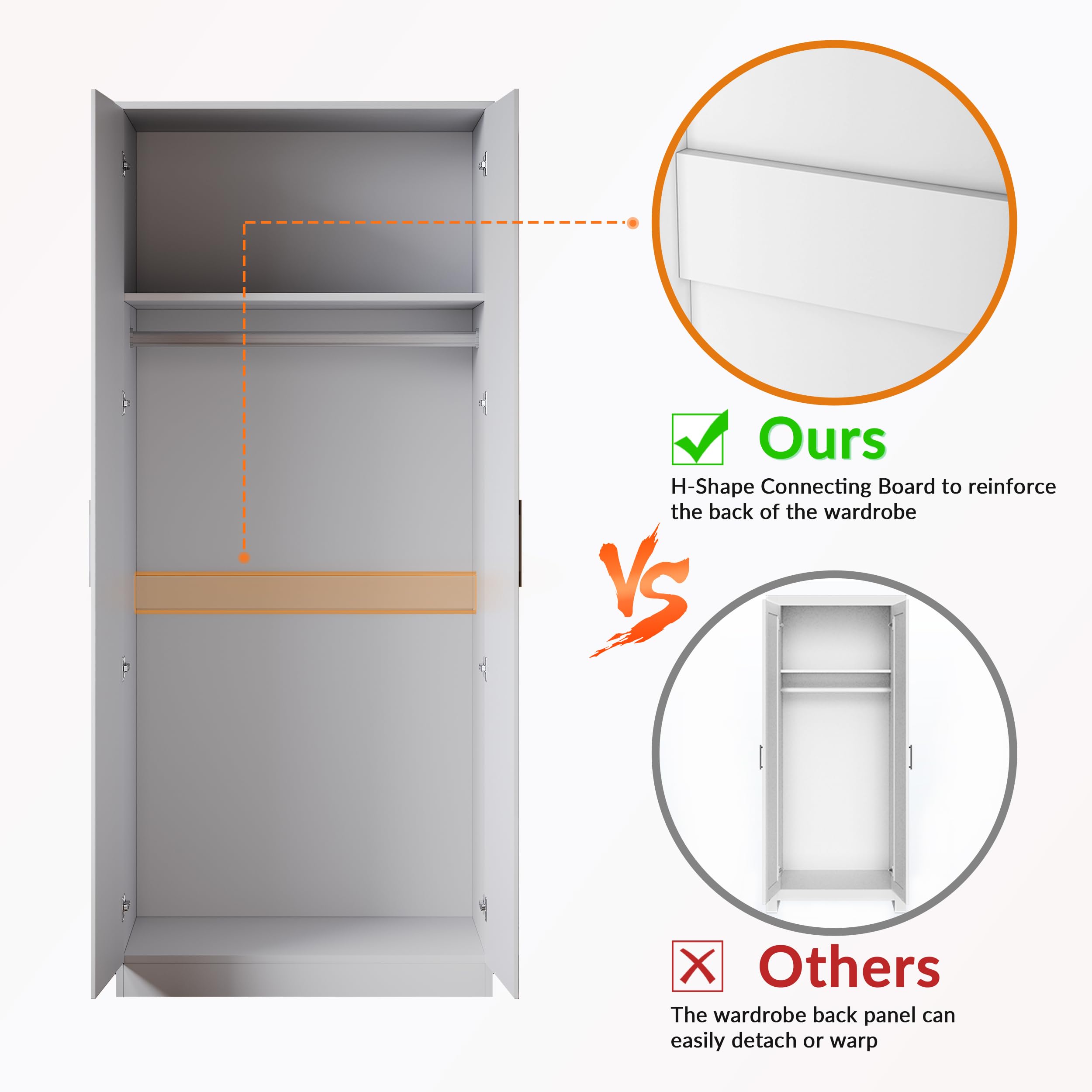 ELEGANT Modern High Gloss Soft Close 2 Doors Wardrobe White, 178x76x47cm