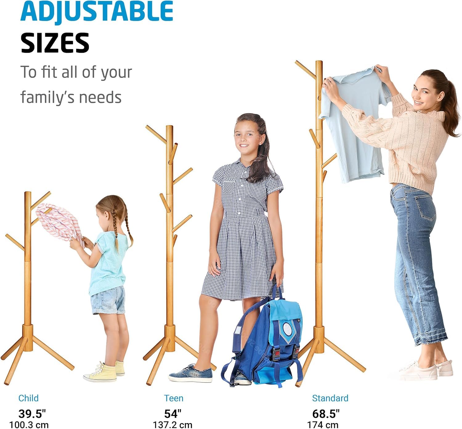 Ceciliec Coat Rack Free Standing - Wooden Coat Tree with 6 Hooks - Coats, Purses, Hats - Adjustable Sizes, Easy Assembly (Natural)