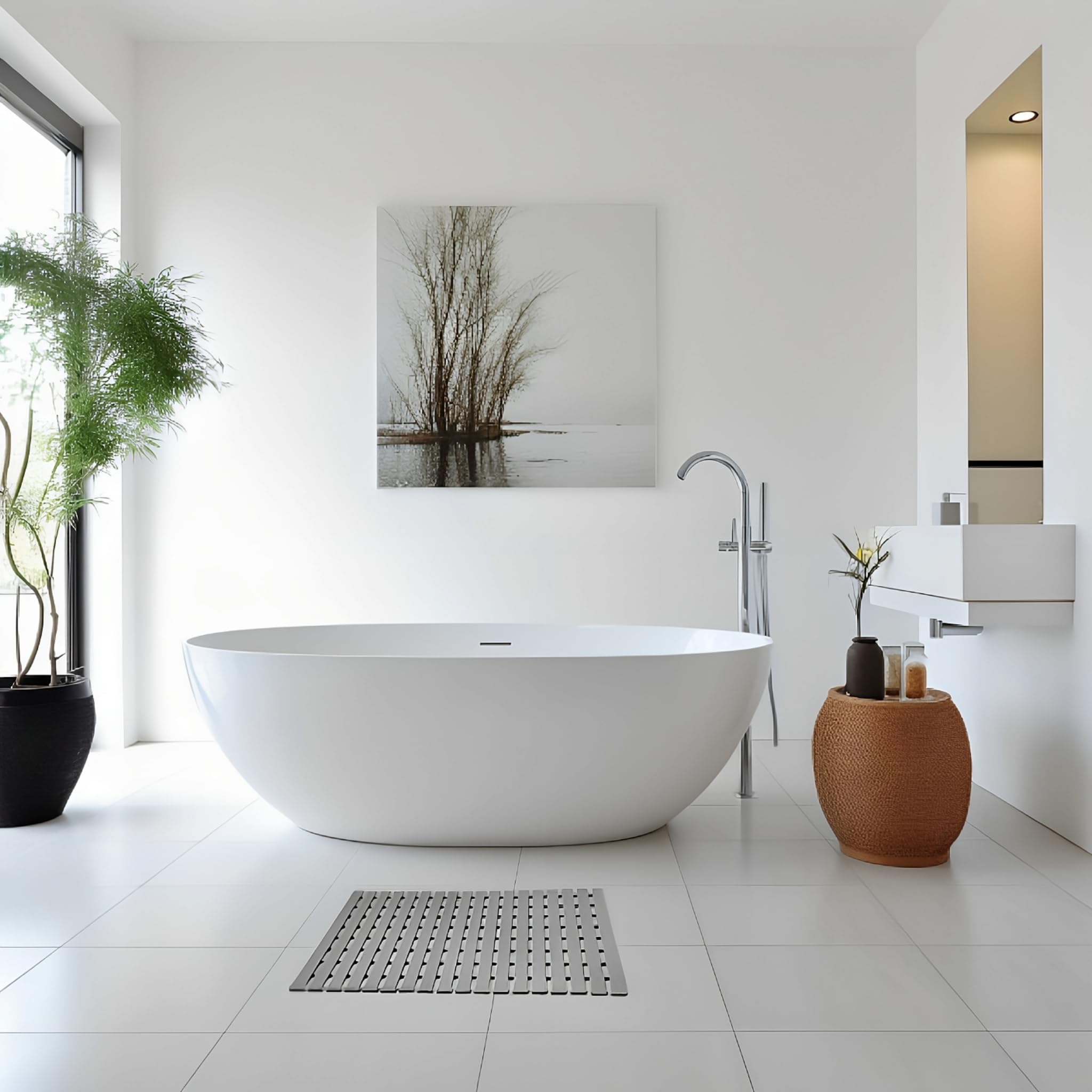 Nicoman Shower Mat Non-Slip Bath Drainage Matt Slatted Duckboard Design| GREY - (64x43cm / 25x17 inches)